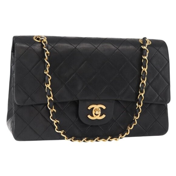 CHANEL Handbags - CHANEL Matelasse 25 Double Flap Chain Bag Lamb Skin Black Gold CC Auth 156636SAV